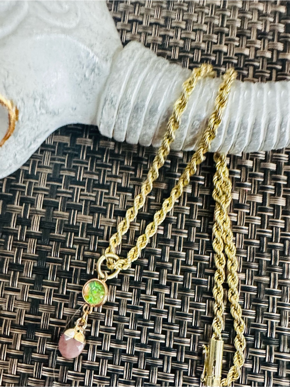 Solid 14k rope chain necklace with gemstone charm 18”